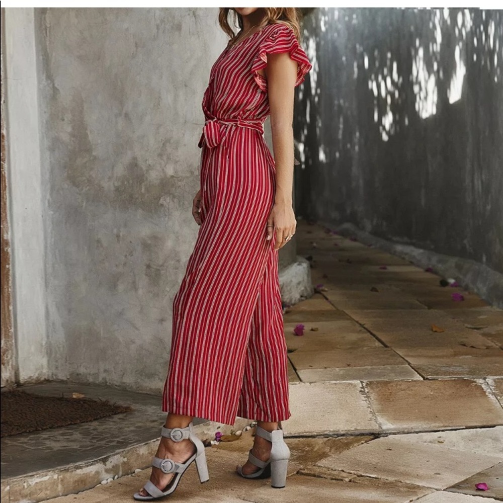 Striped Ruffle-Sleeve Belted Jumpsuit - Picture 3 of 6